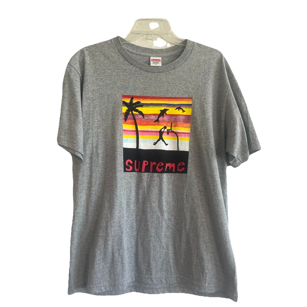 Supreme Dunk Tee Heather Gray Dolphin Basketball Graphic T-Shirt Mens Size M